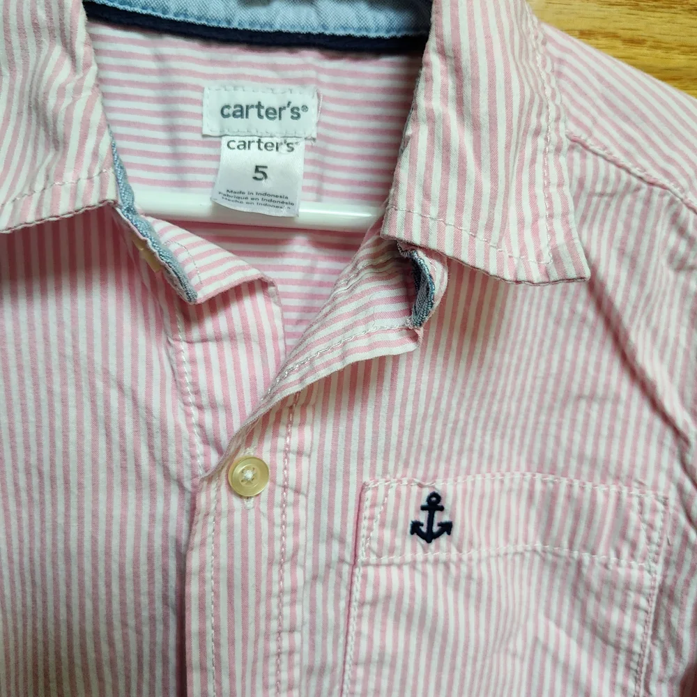 Carter's Pink Striped Boy's (5) Button Down Shirt, embroidered anchor on Pocket